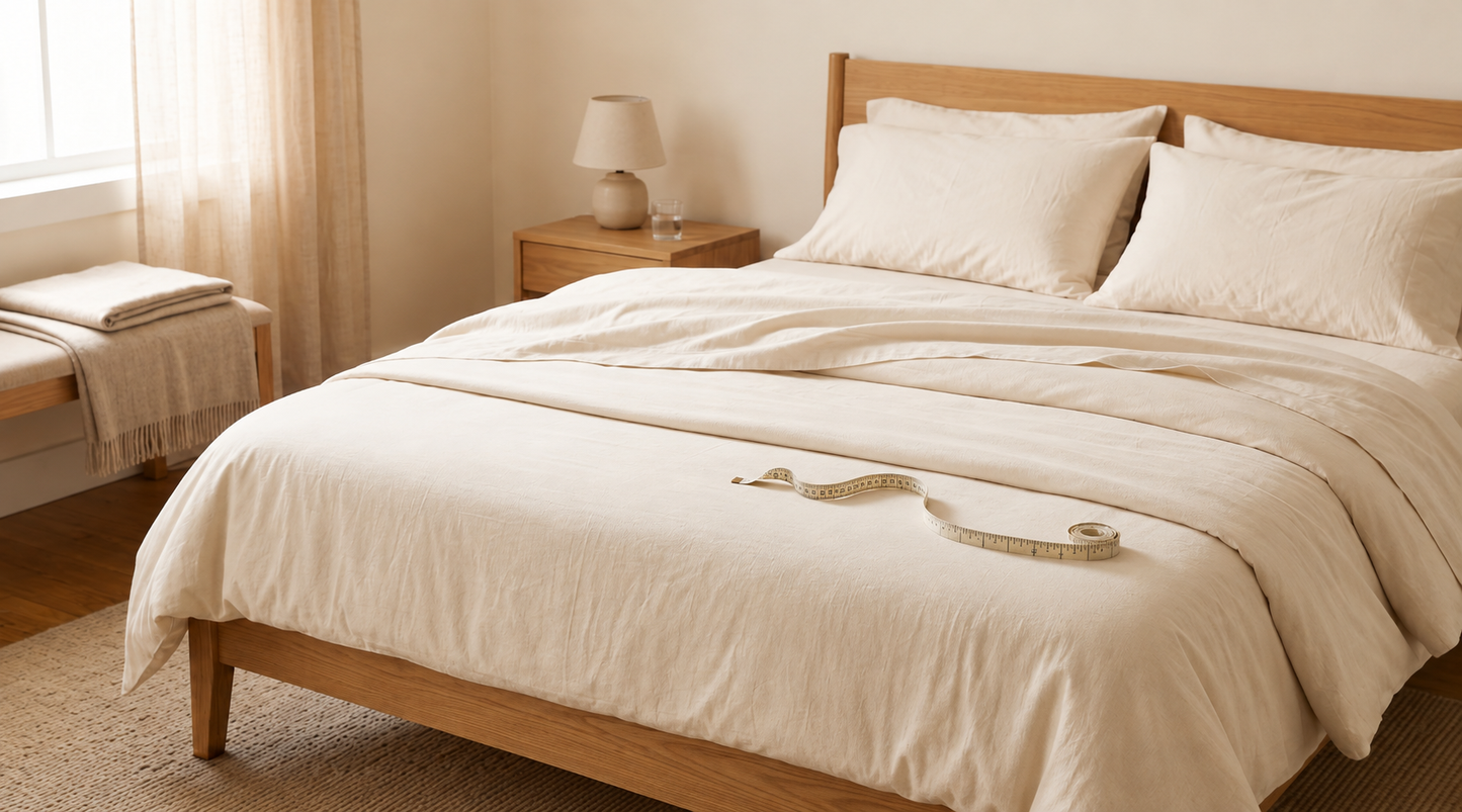 Measuring tape resting along the edge of a bed to illustrate finding the right bed sheet size