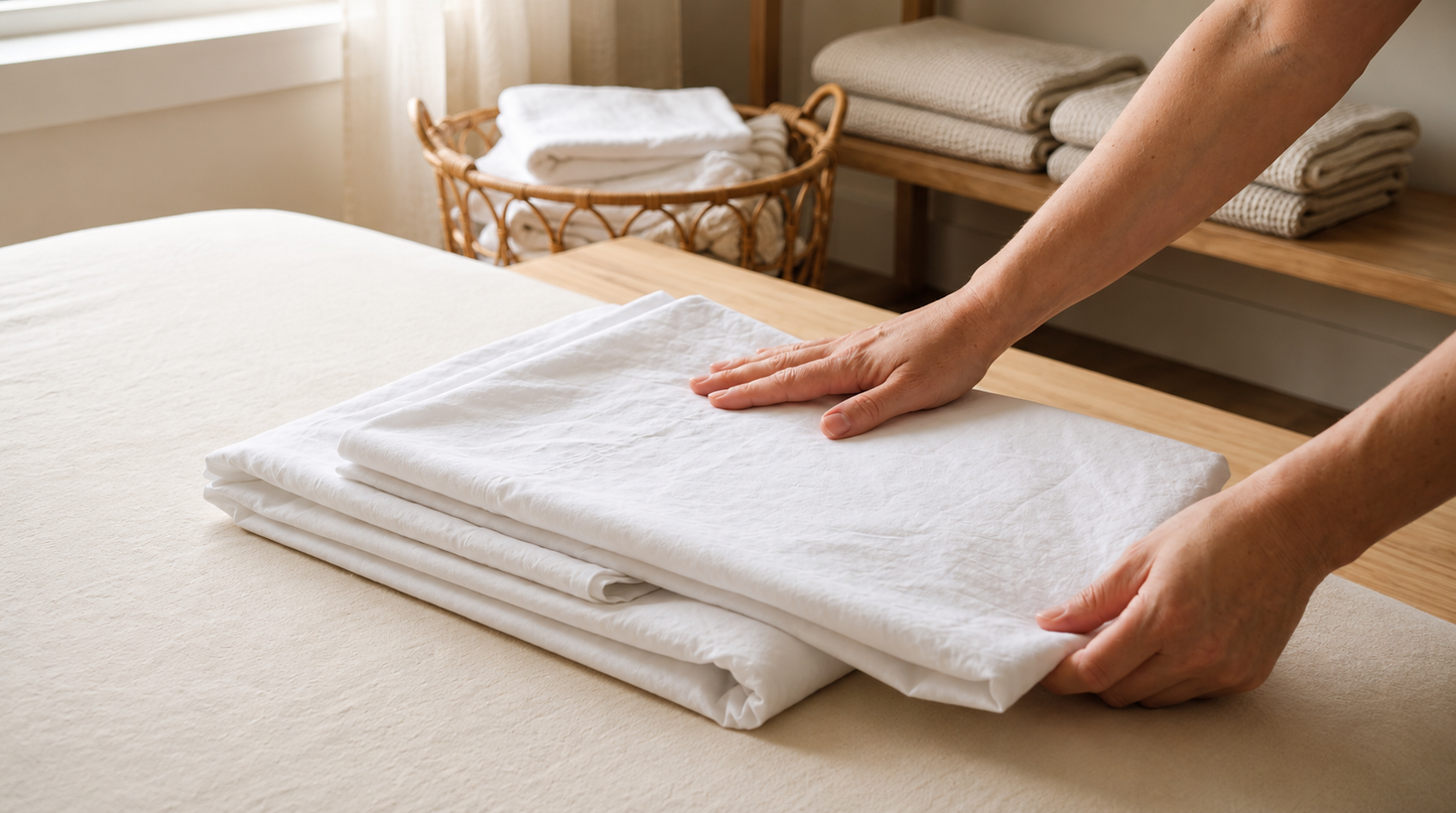 Freshly washed white cotton sheets being folded in soft natural light