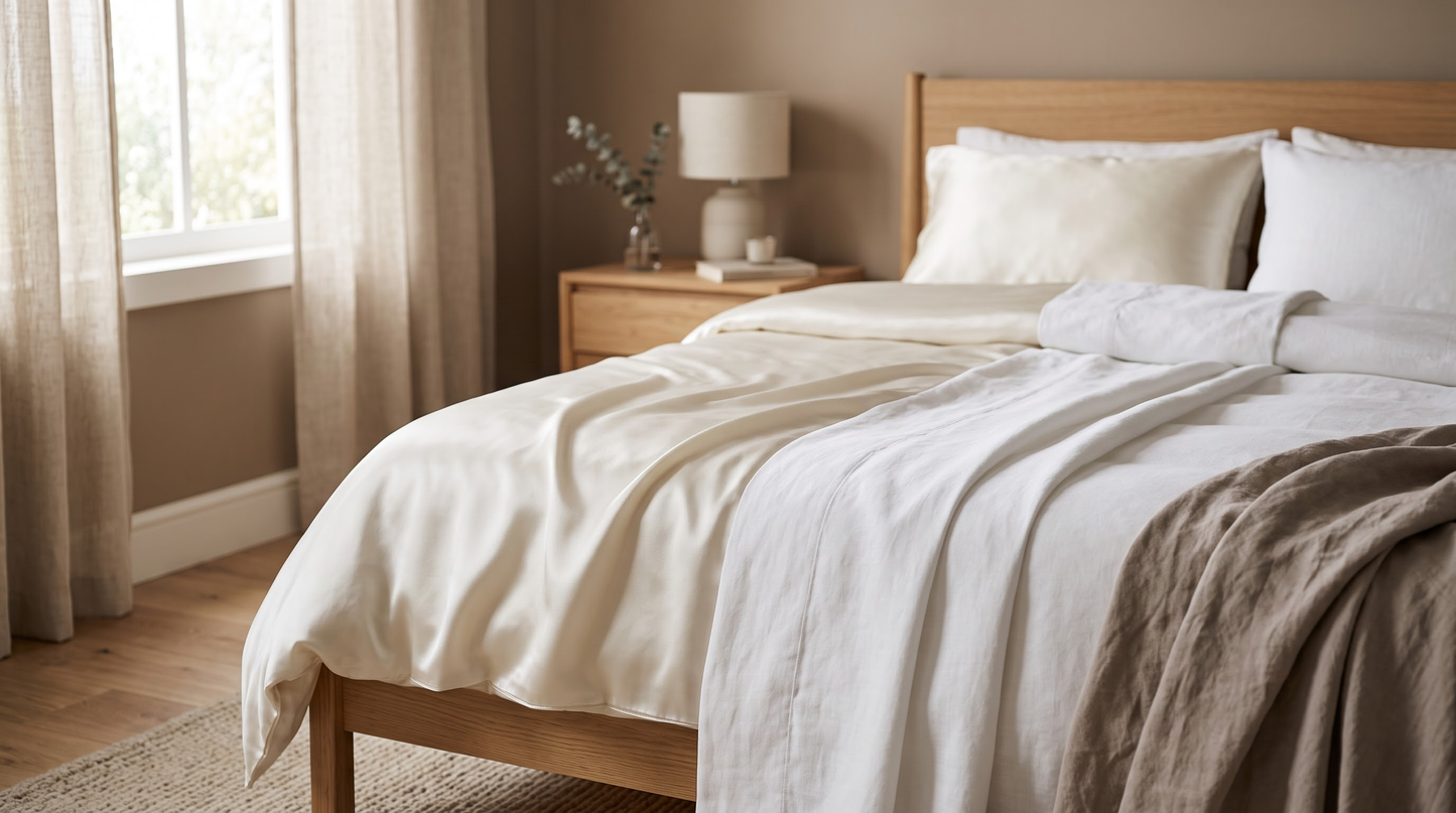 Smooth rayon-style fabric compared with natural cotton bedding in a warm, minimal luxury bedroom
