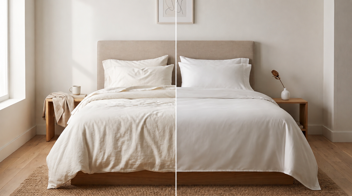Bedroom comparison of soft natural cotton sheets and smoother synthetic polyester-style sheets on the same bed