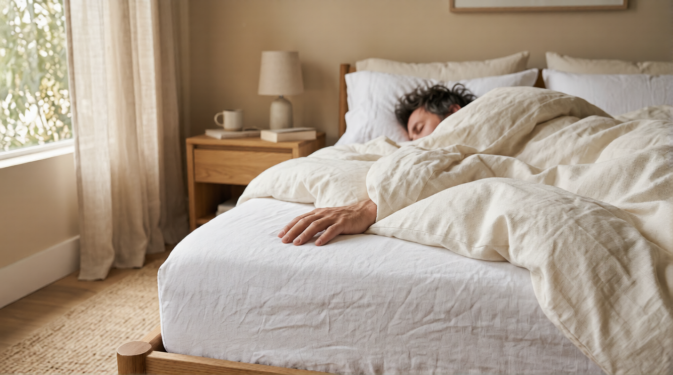 Relaxed adult resting in bed with an arm gently touching soft white organic cotton sheets