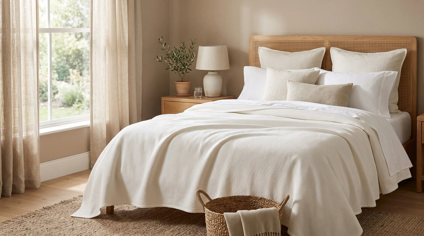 Elegant bedroom featuring a lightweight textured coverlet layered over white bedding