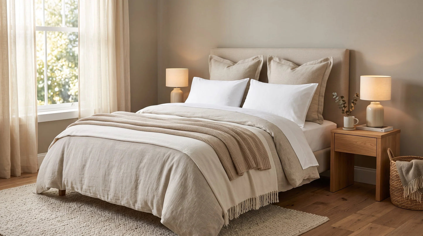 Decorative pillow shams layered behind sleeping pillows on a neatly styled bed