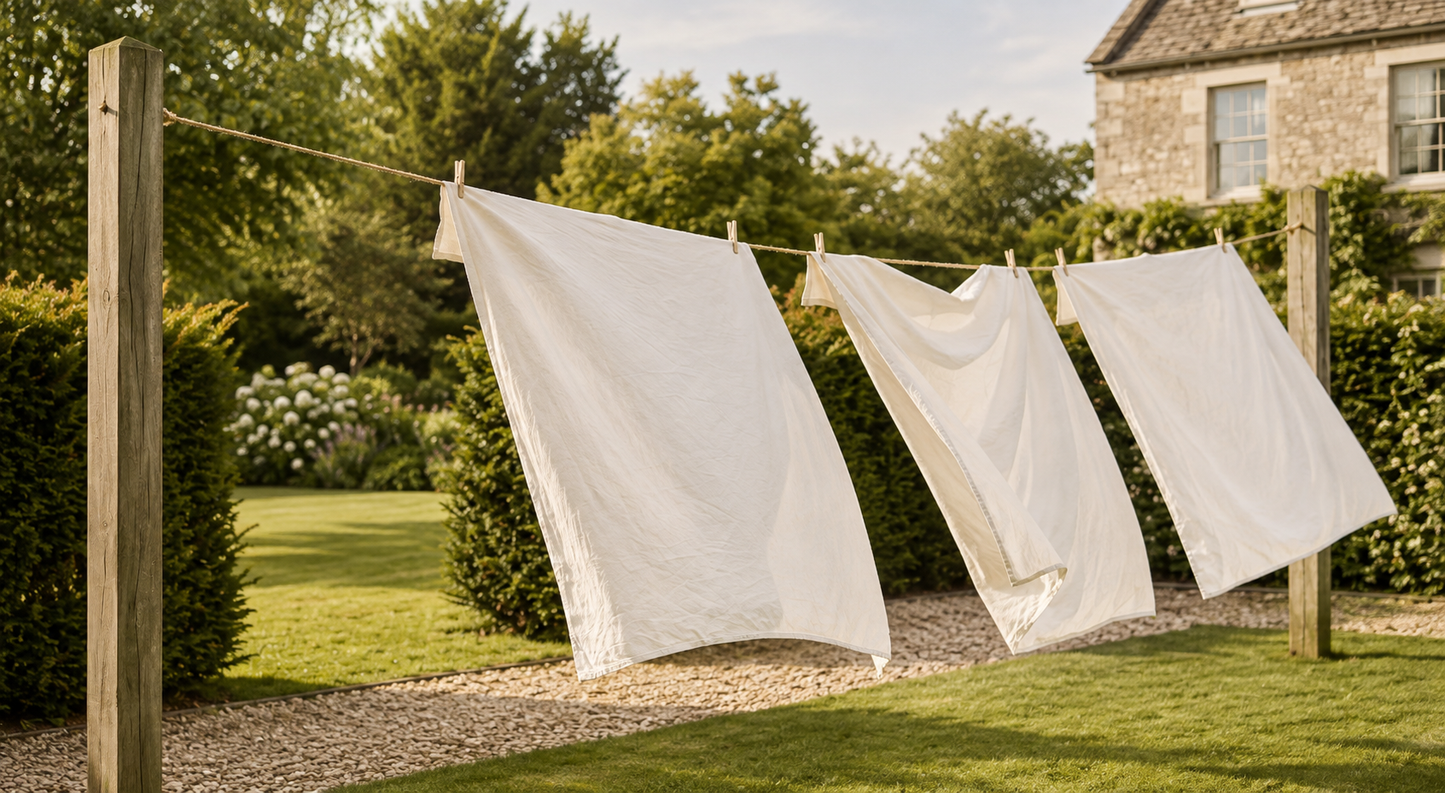 White cotton bed sheets air drying outdoors on a clothesline in a sunlit garden