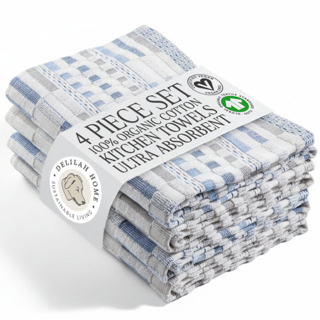 4-piece set of 100% organic cotton kitchen towels in blue and grey