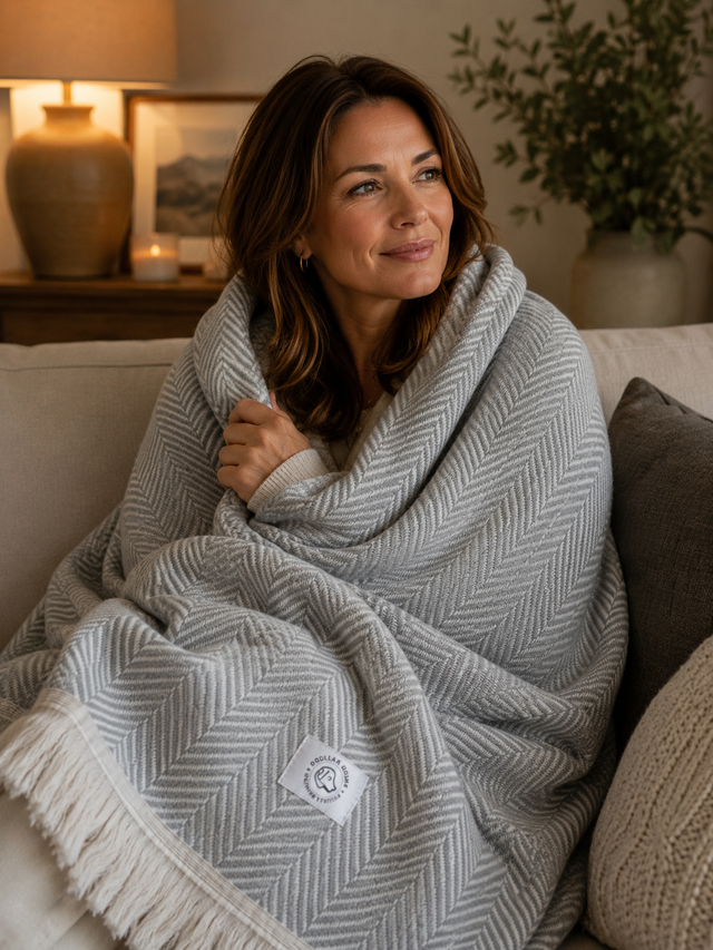Woman wrapped in a light grey organic cotton Algarve throw blanket